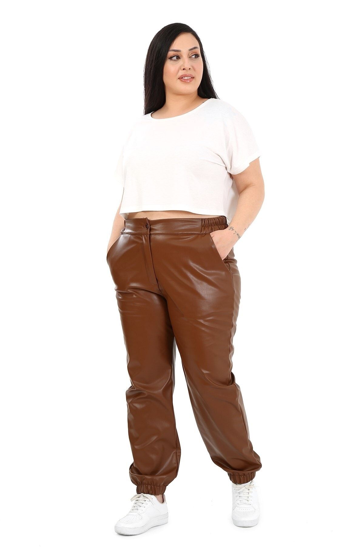DISENTIS MODEST-Plus Size Brown Leather Trousers with Elastic Waist and Side Pockets and Elastic Legs 4