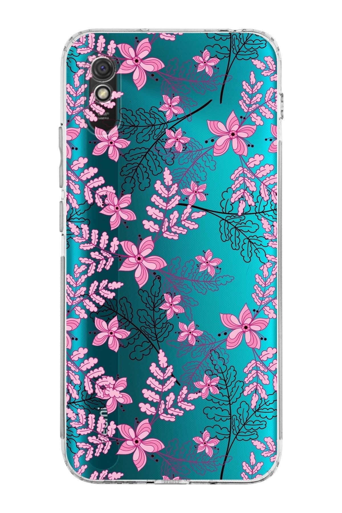 Xiaomi Redmi 9a Kamera Korumalı Kapak Floral Pembe Tasarımlı Şeffaf Kılıf