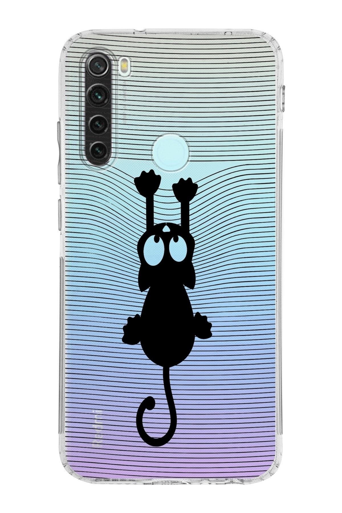 Xiaomi Redmi Note 8 Kamera Korumalı Kapak Çizgi Kedi Tasarımlı Şeffaf Kılıf