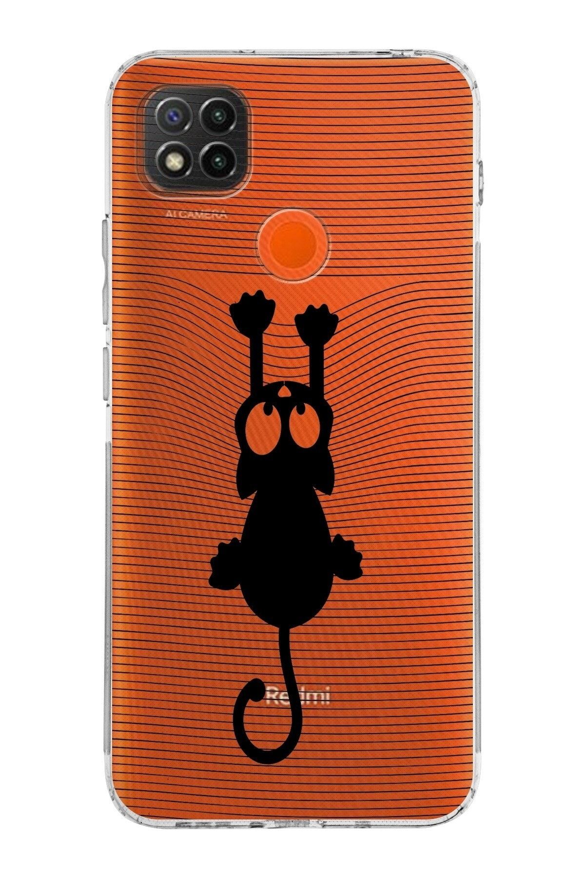 Xiaomi Redmi 10a Kamera Korumalı Kapak Çizgi Kedi Tasarımlı Şeffaf Kılıf