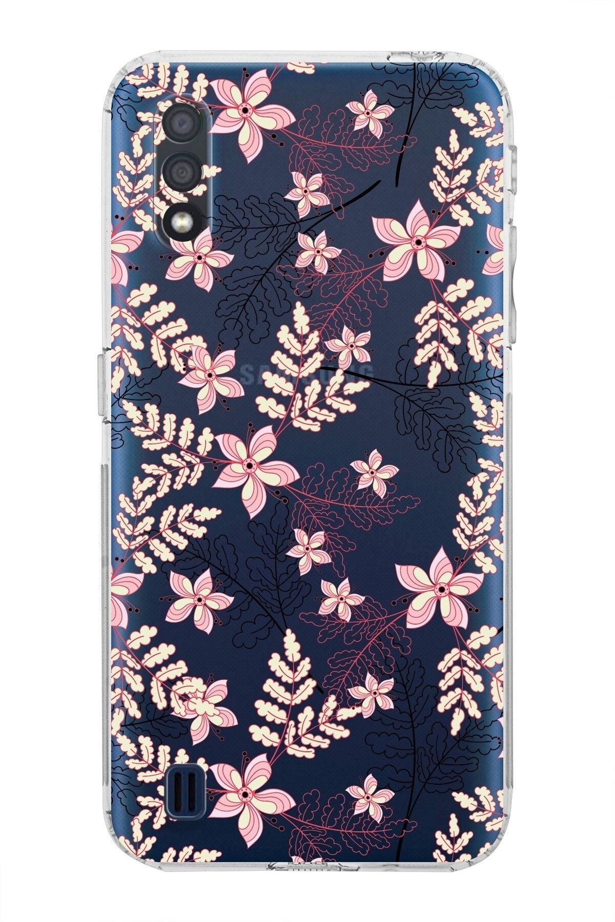 Samsung Galaxy A01 Kamera Korumalı Kapak Floral Kırmızı Tasarımlı Şeffaf Kılıf