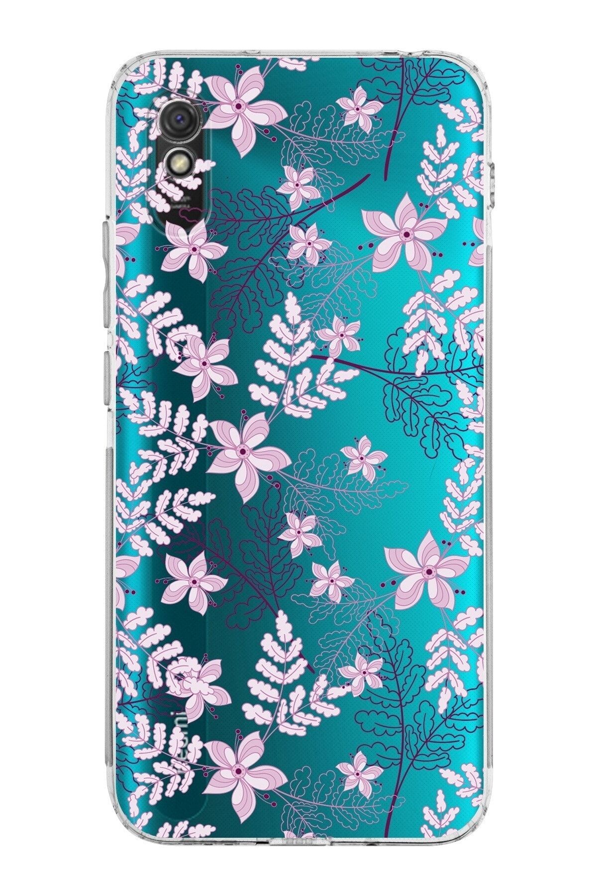 Xiaomi Redmi 9a Kamera Korumalı Kapak Floral Pudra Tasarımlı Şeffaf Kılıf