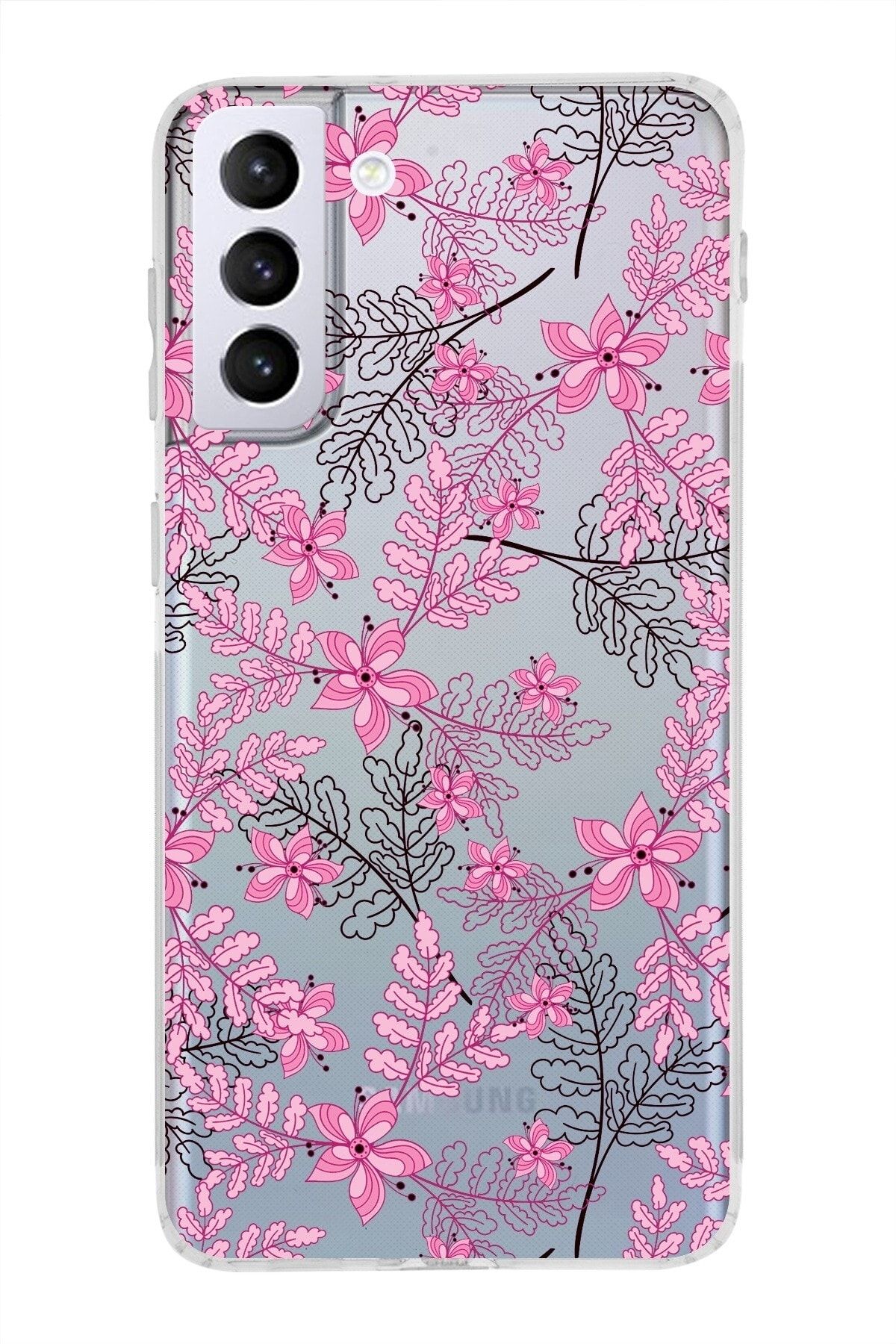 Samsung Galaxy S21 Plus Kamera Korumalı Kapak Floral Pembe Tasarımlı Şeffaf Kılıf