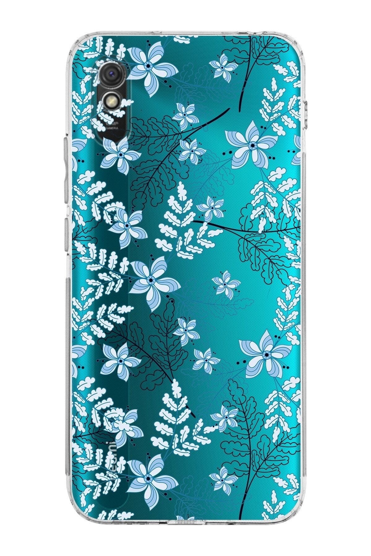 Xiaomi Redmi 9a Kamera Korumalı Kapak Floral Mavi Tasarımlı Şeffaf Kılıf