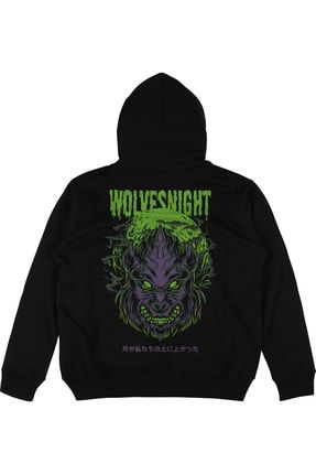 Wolves Night Siyah Oversize Unisex Kapüşonlu Sweatshirt Hoodie AG40H