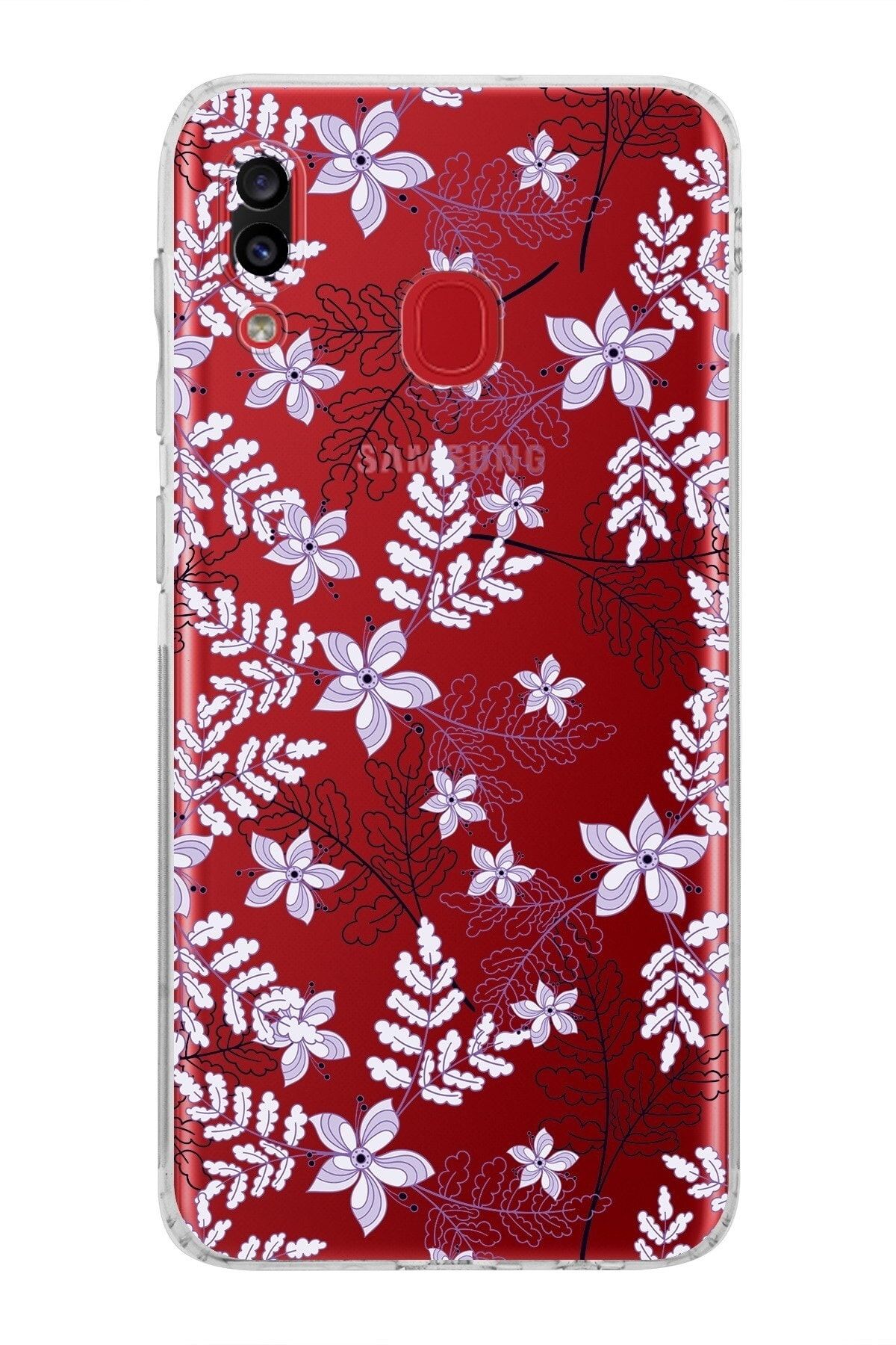 Samsung Galaxy A20 Kamera Korumalı Kapak Floral Lila Tasarımlı Şeffaf Kılıf