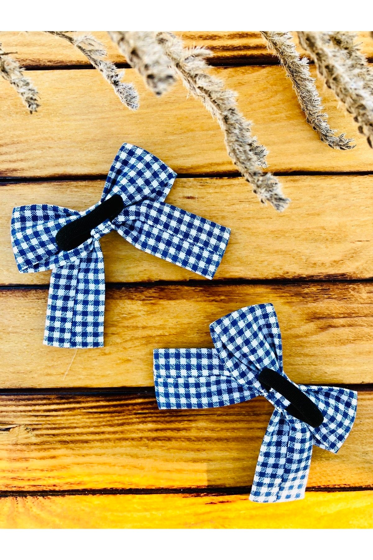seyranat-Set of 2 Blue Gingham Patterned Elastic Bow Fabric Baby Hair Clips 4