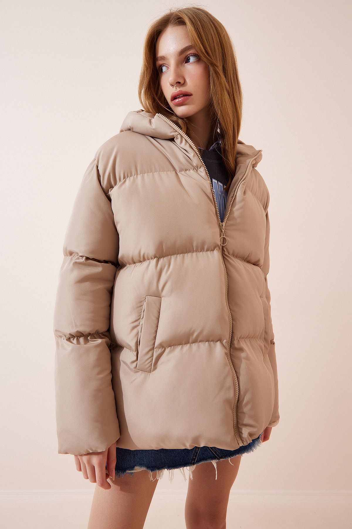 Beige puff jacket best sale