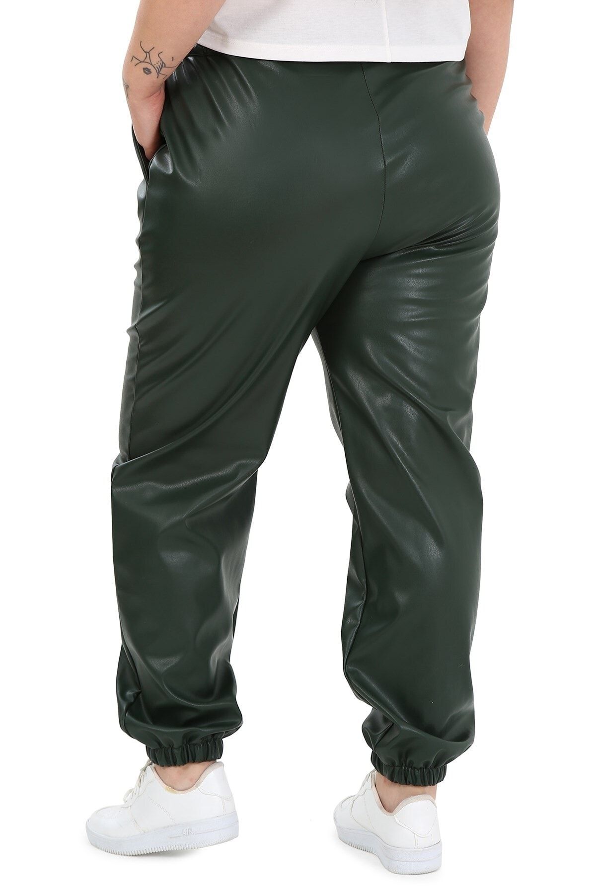 DISENTIS MODEST-Plus Size Khaki Leather Trousers with Elastic Waist and Side Pockets and Elastic Legs 3