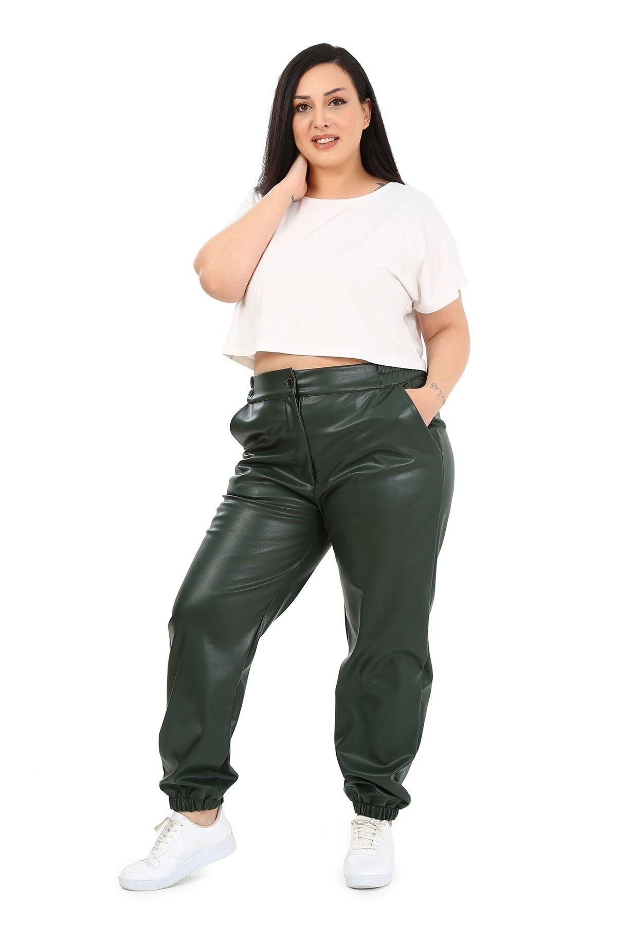 DISENTIS MODEST-Plus Size Khaki Leather Trousers with Elastic Waist and Side Pockets and Elastic Legs 4