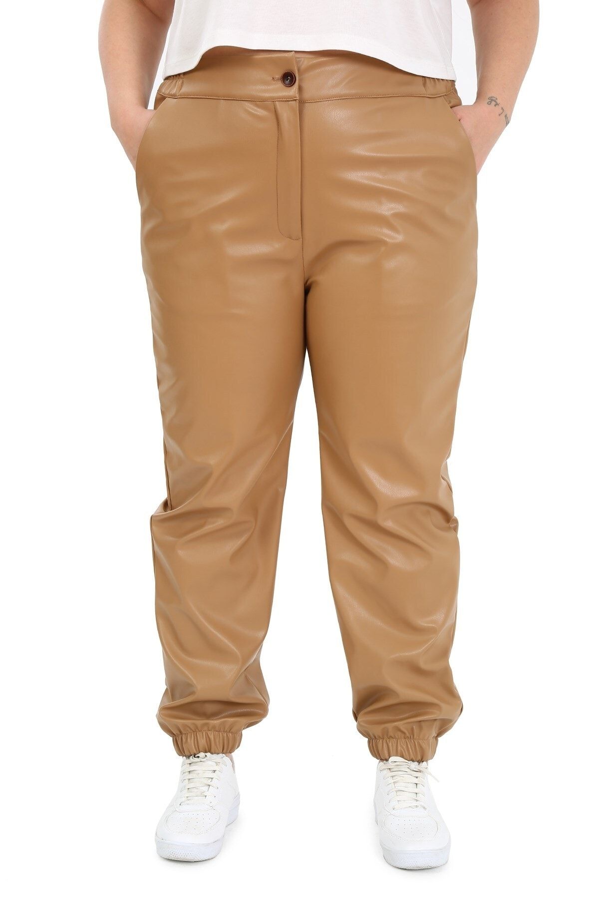 DISENTIS MODEST-Plus Size Beige Leather Trousers with Elastic Waist and Side Pockets and Elastic Legs 1