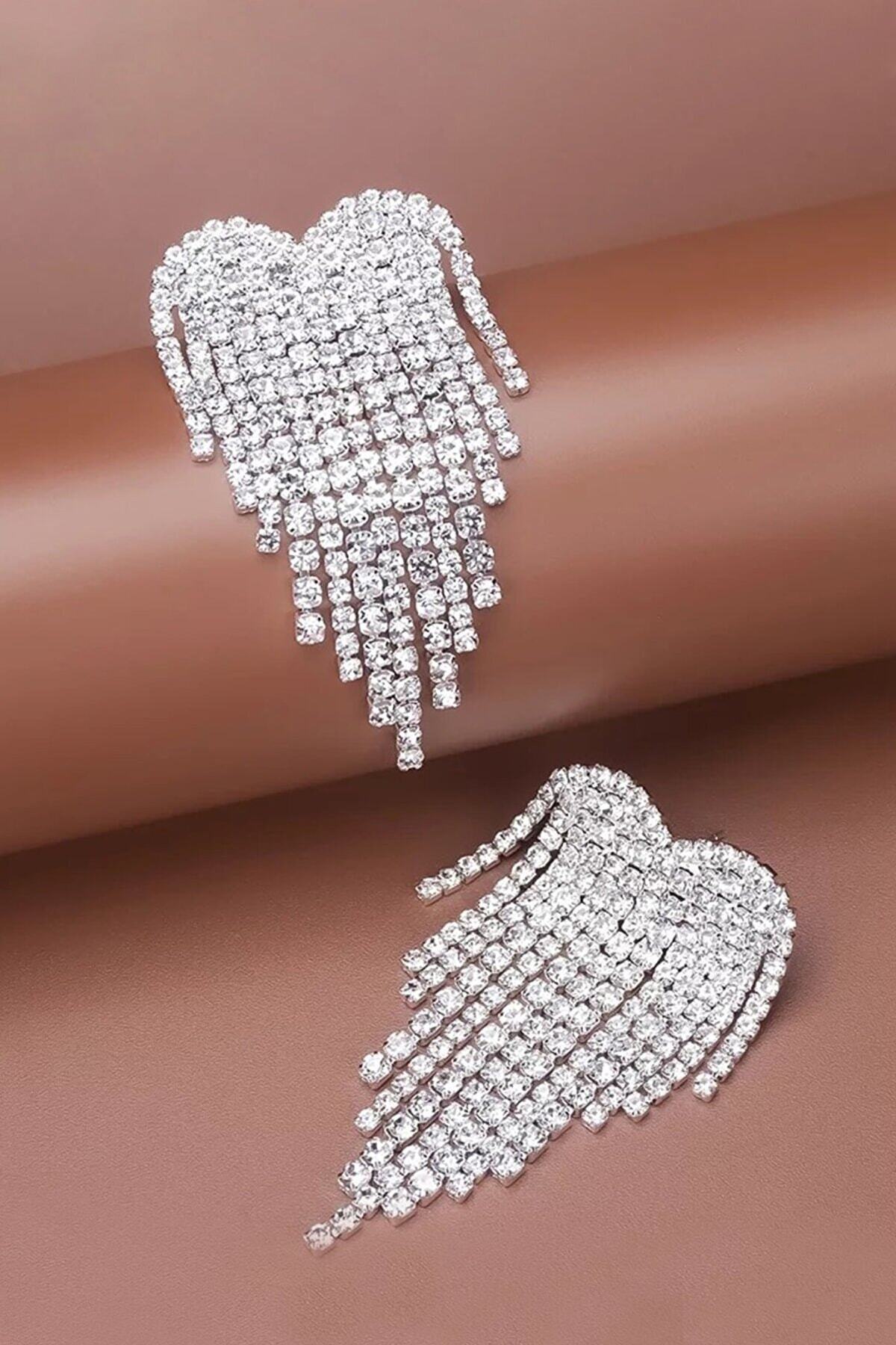 Premium Kristal Taşlı Kalp Sallanan Küpe 2