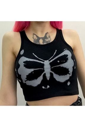 Harajuku Fashion Butterfly Siyah Askılı Kadın T-shirt KHFT0017