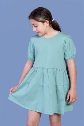 Kız Çocuk Yeşil Büzgülü Balon Kol Elbise 11293-