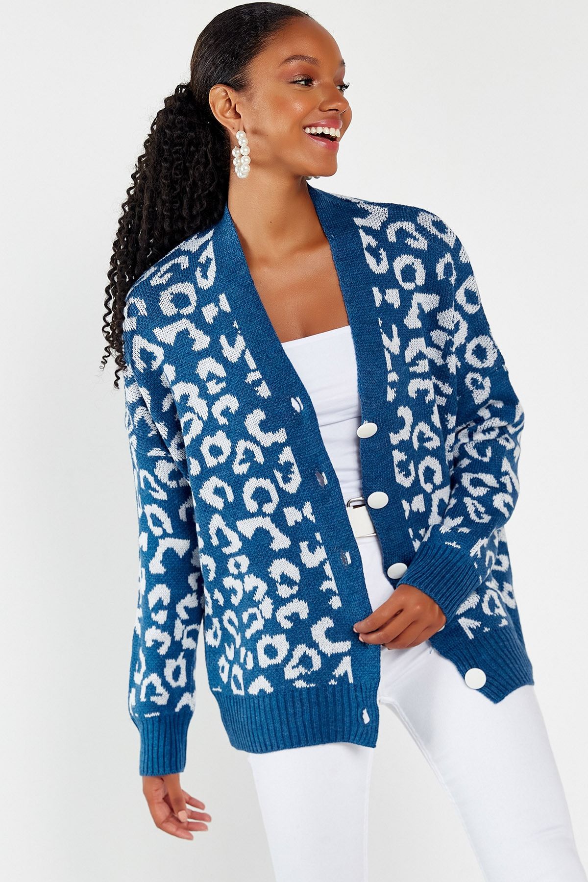 Blue leopard print cardigan shop