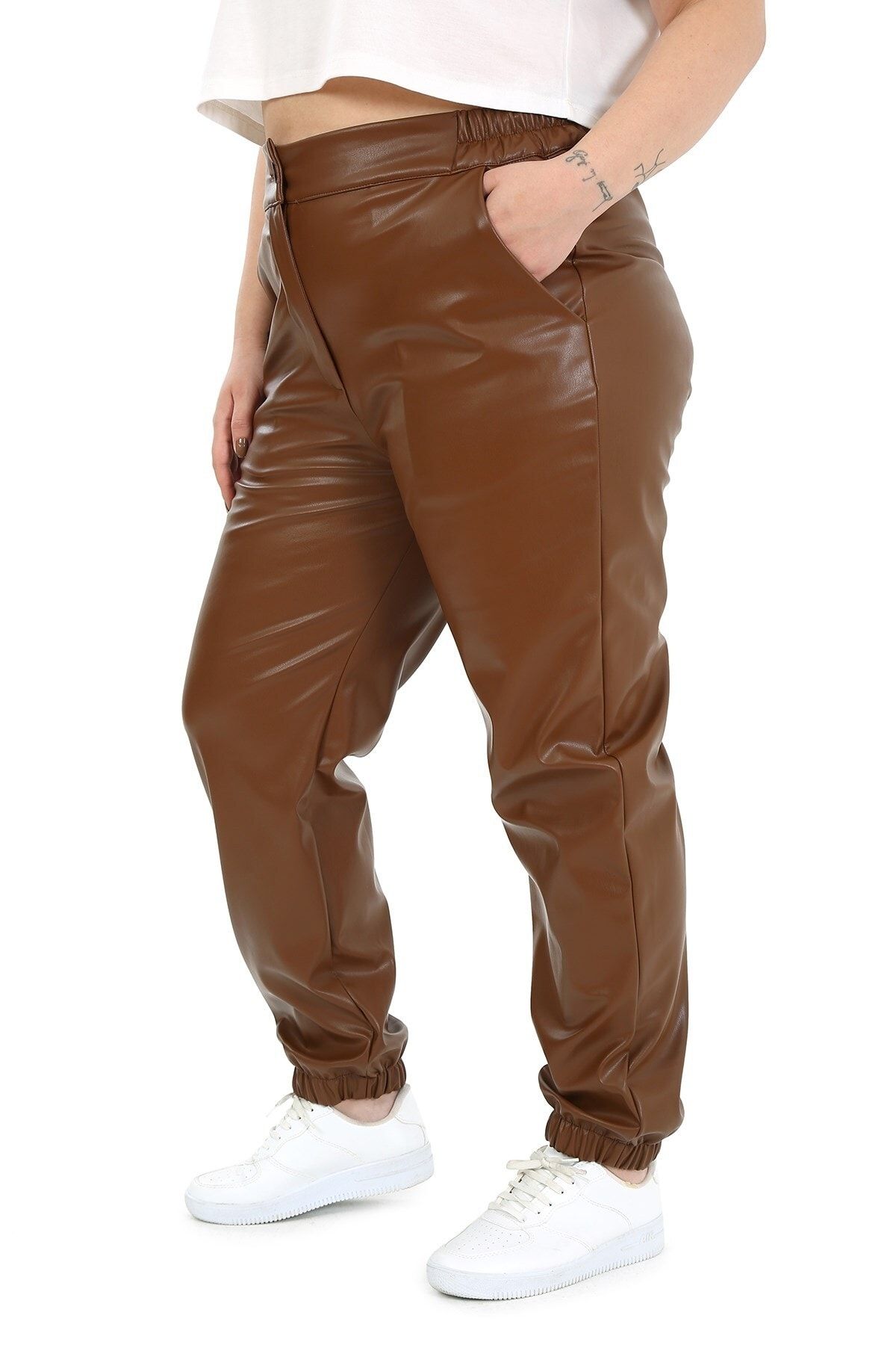 DISENTIS MODEST-Plus Size Brown Leather Trousers with Elastic Waist and Side Pockets and Elastic Legs 5