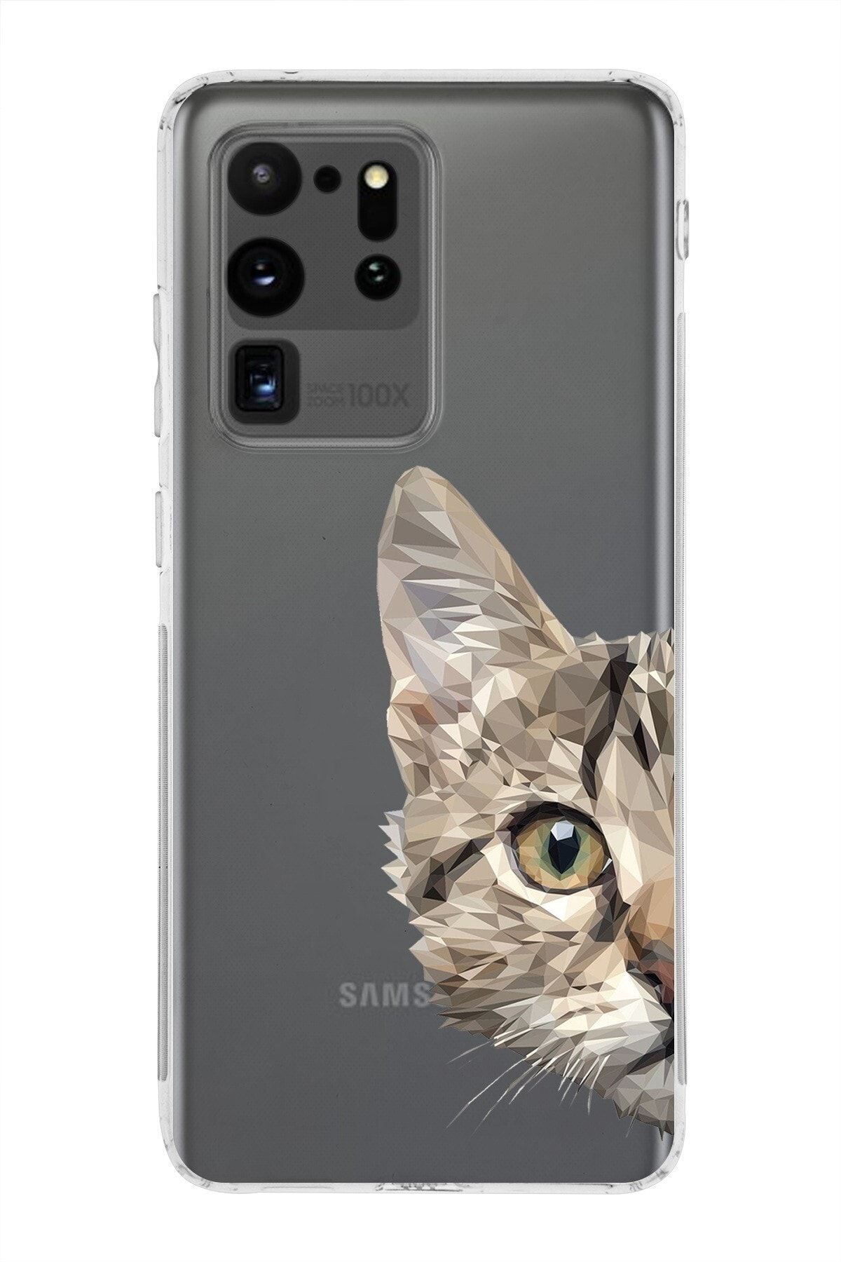 Samsung Galaxy S20 Ultra Uyumlu Kamera Korumalı Kapak Catface Tasarımlı Şeffaf Kılıf