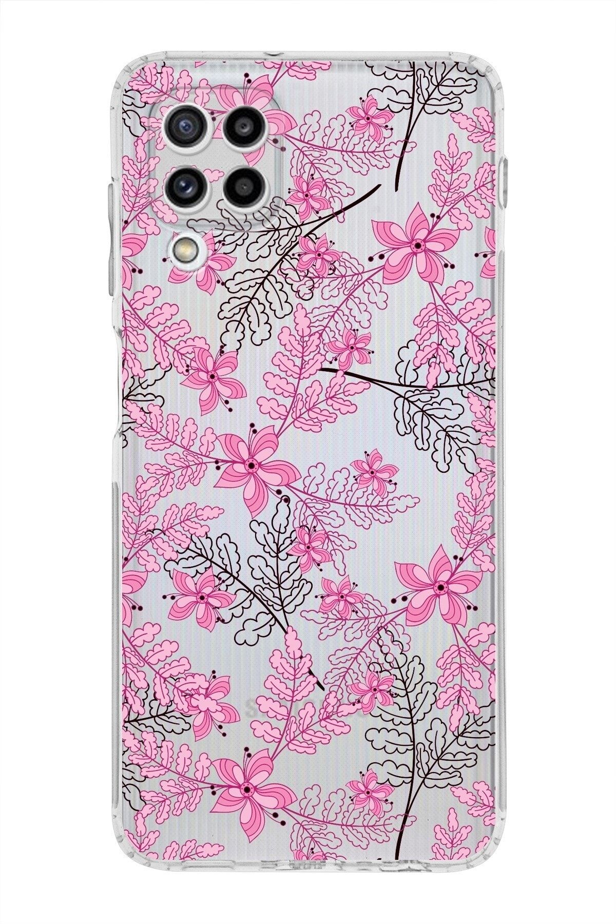 Samsung Galaxy M32 Kamera Korumalı Kapak Floral Pembe Tasarımlı Şeffaf Kılıf