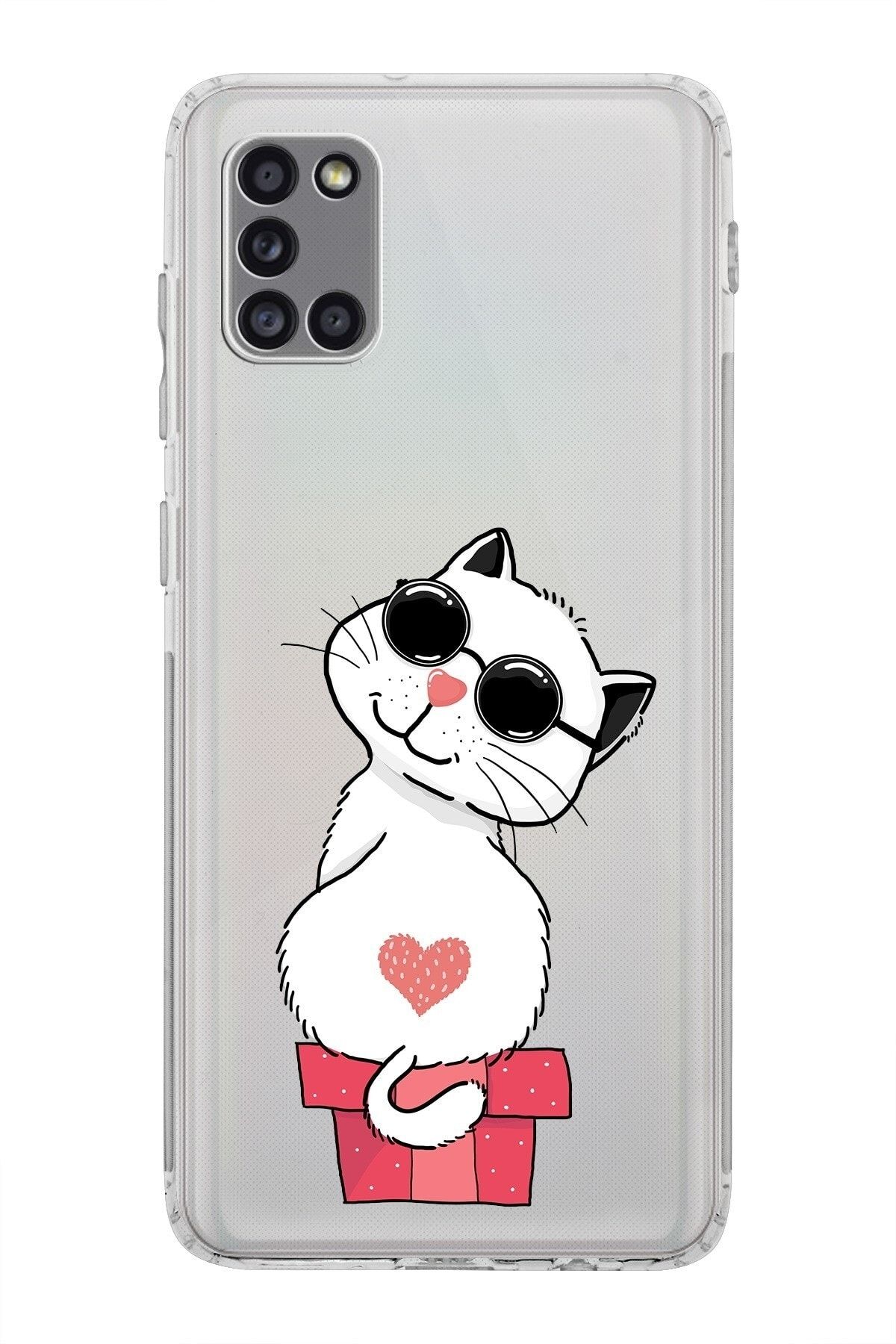 Samsung Galaxy A31 Kamera Korumalı Kapak Cool Cat Tasarımlı Şeffaf Kılıf