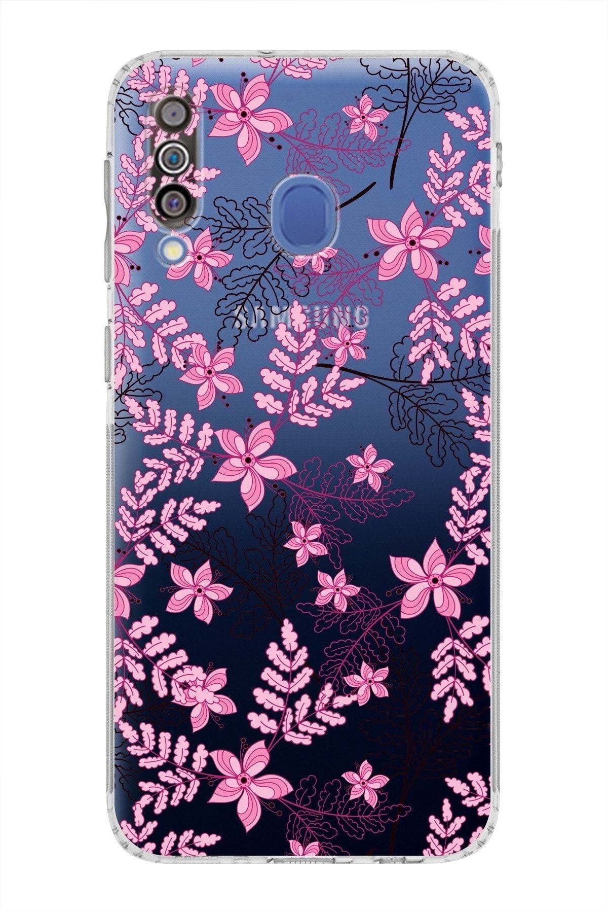 Samsung Galaxy M30 Kamera Korumalı Kapak Floral Pembe Tasarımlı Şeffaf Kılıf