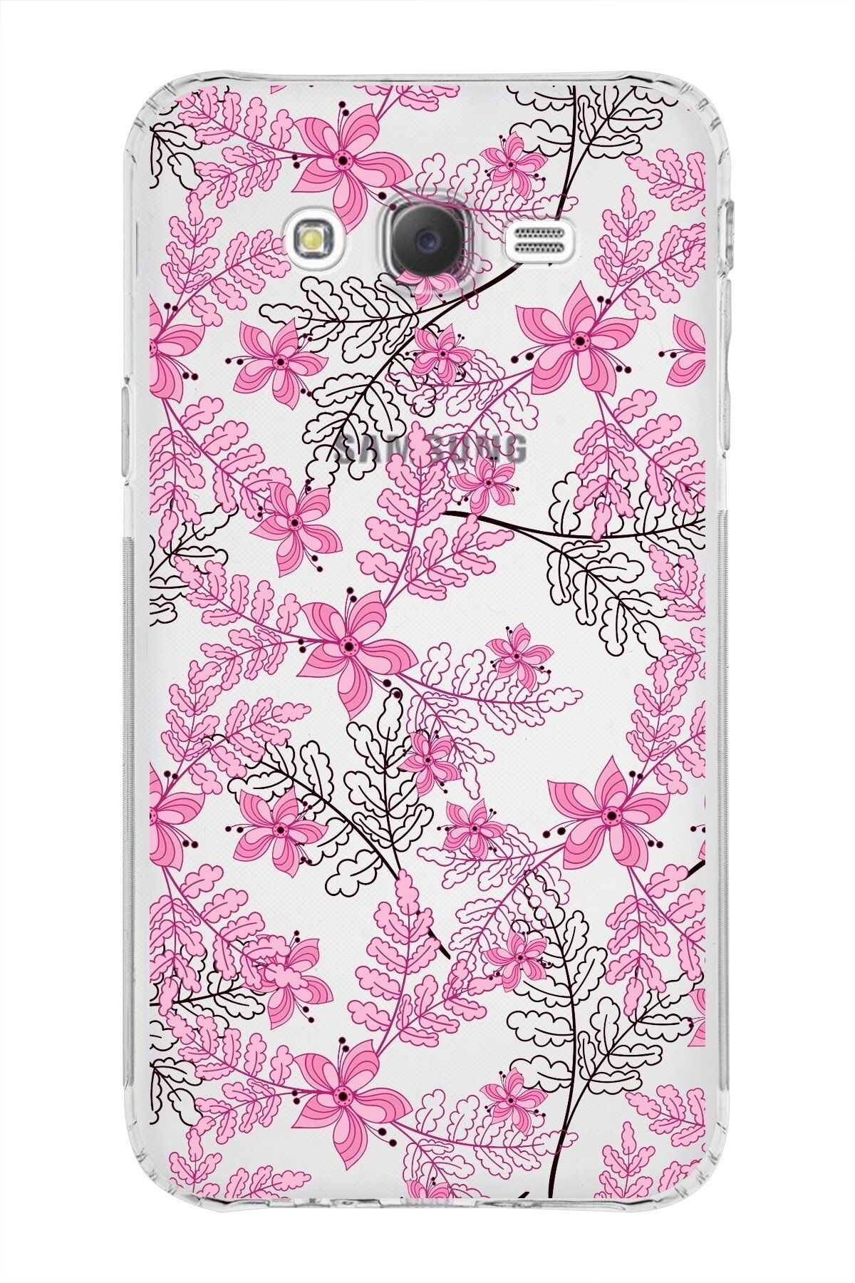 Samsung Galaxy J7 Kamera Korumalı Kapak Floral Pembe Tasarımlı Şeffaf Kılıf
