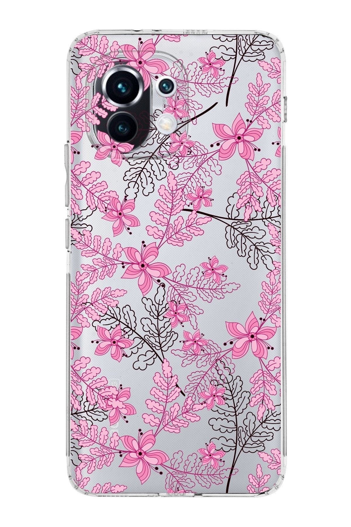 Xiaomi Mi 11 Kamera Korumalı Kapak Floral Pembe Tasarımlı Şeffaf Kılıf