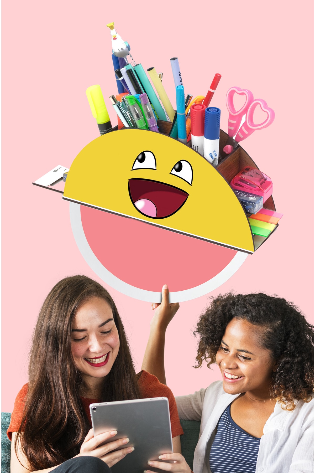 Ahşap Gülen Emoji Gökkuşağı Cetvelli Masaüstü Kalemlik Kutu Çocuklar Için Organizer Gk77