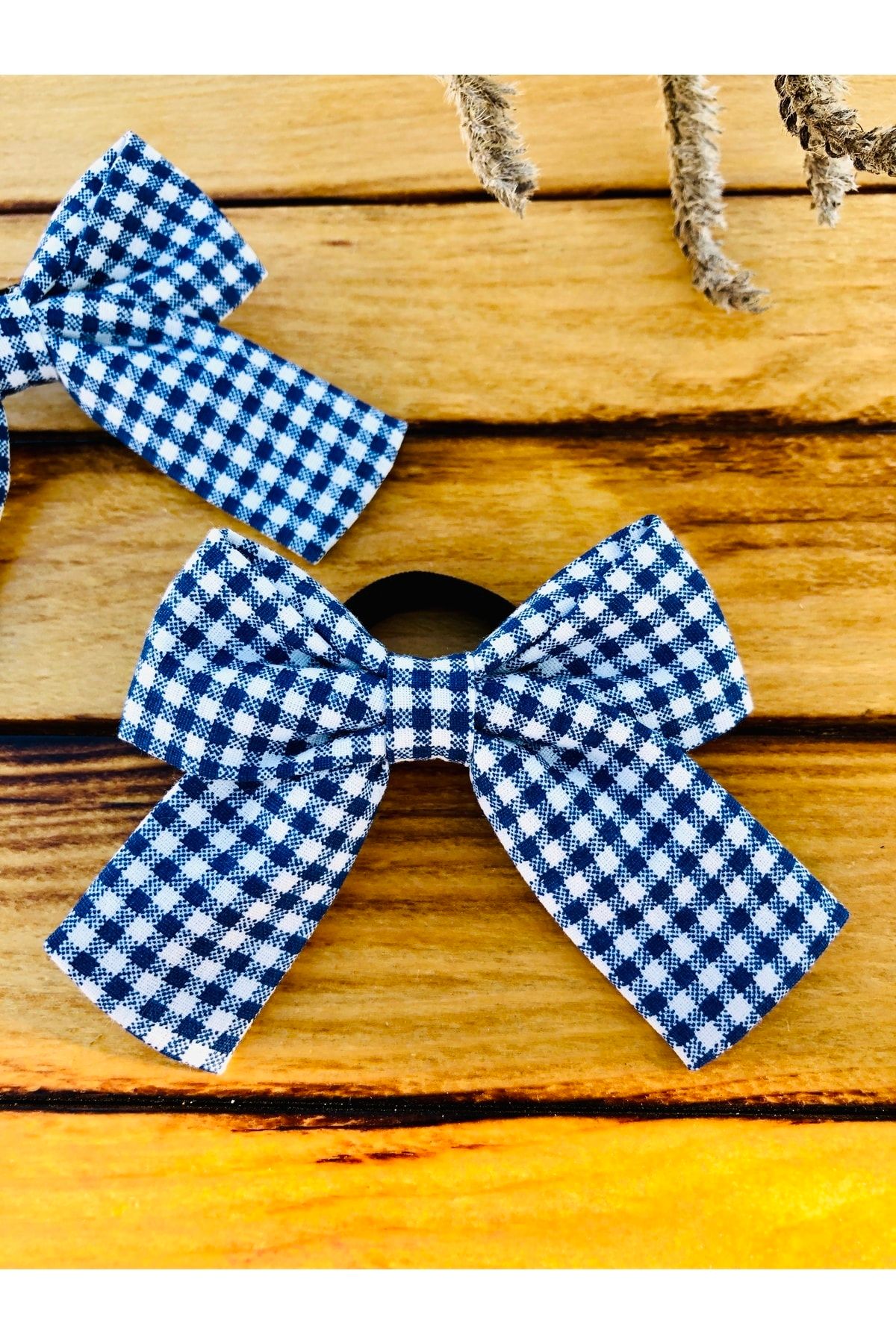 seyranat-Set of 2 Blue Gingham Patterned Elastic Bow Fabric Baby Hair Clips 3