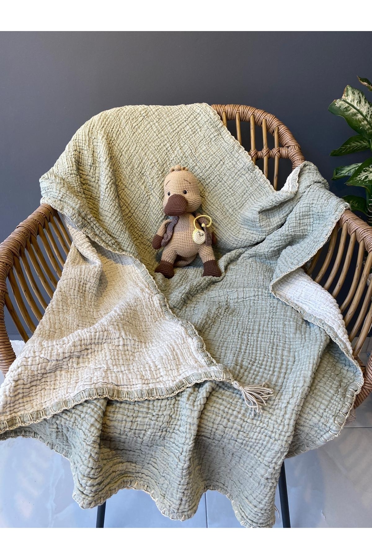 YASEMİNİNEVİ Müslin Çağla Yeşili Bebek Yatak Örtüsü fotoğrafı 2 (önizleme)