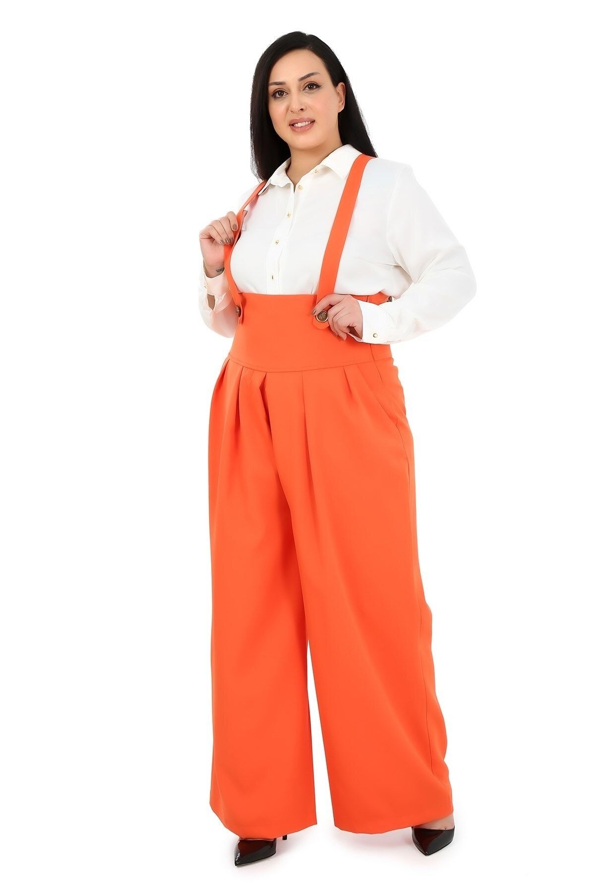 DISENTIS MODEST-Large Size Wide Leg Orange Trousers with Pleated Front Pockets and Straps and Button Detail 2