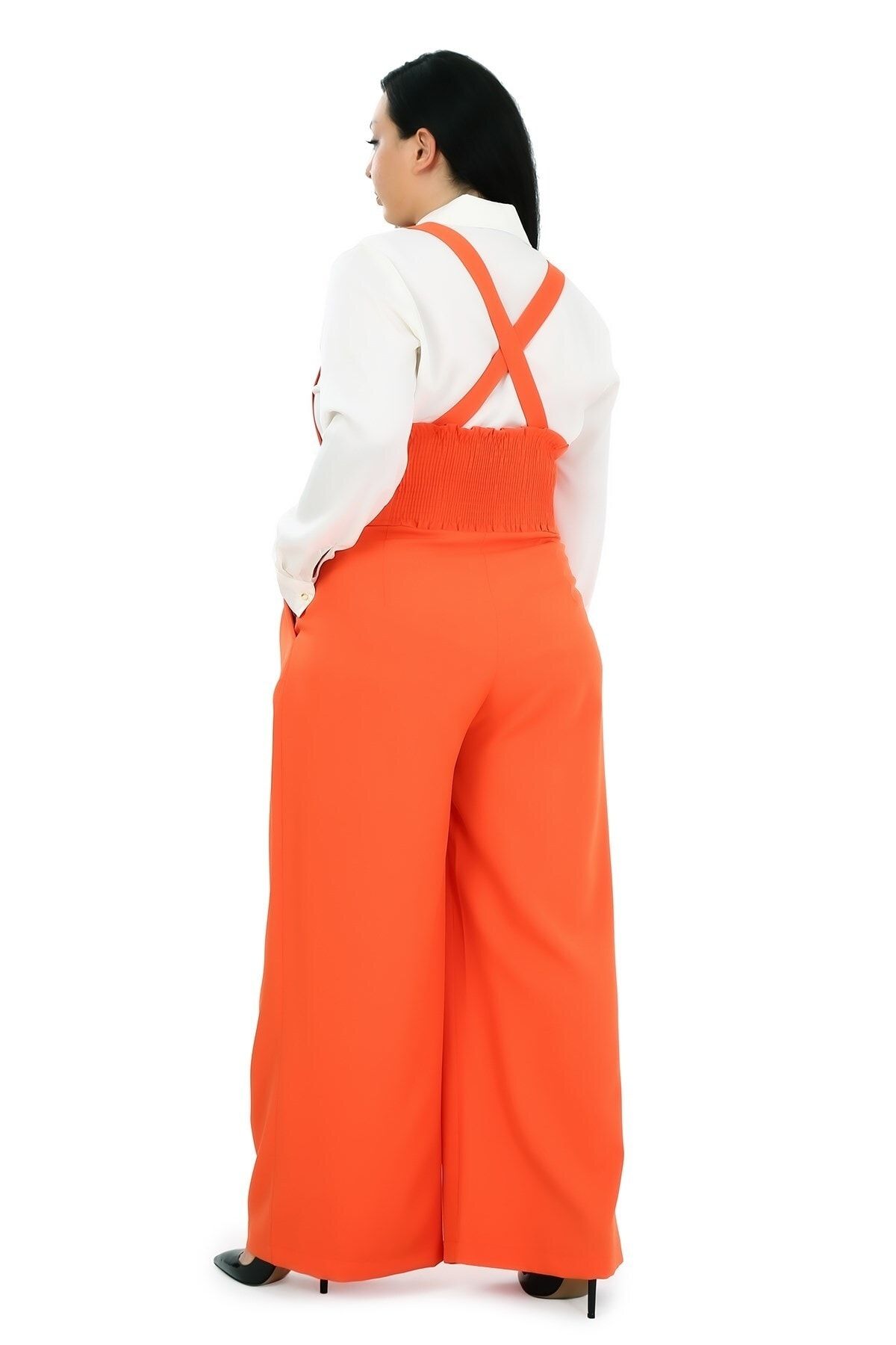 DISENTIS MODEST-Large Size Wide Leg Orange Trousers with Pleated Front Pockets and Straps and Button Detail 3