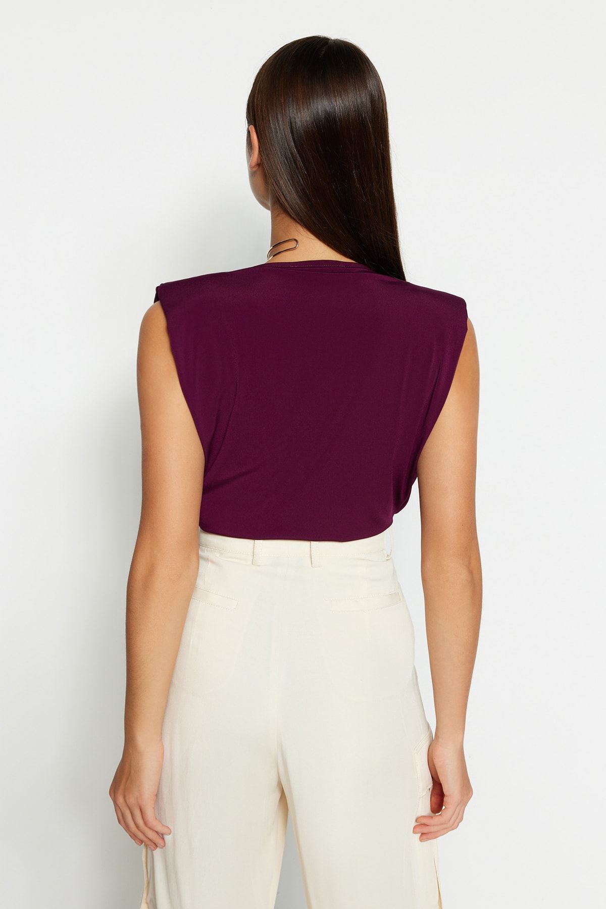 Trendyol Collection-Pflaumenfarbener, gepolsterter Strickbody mit flexiblem Druckknopf und zweireihigem Kragen TWOSS23BD00007 5
