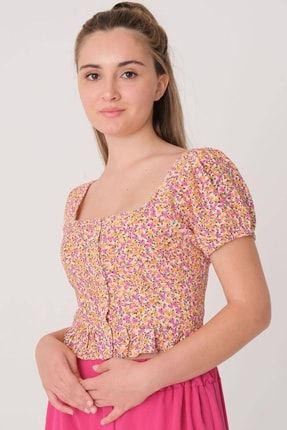 Kare Yaka Önü Düğmeli Çiçek Desenli Bluz B8162-w9 ADX-00026863