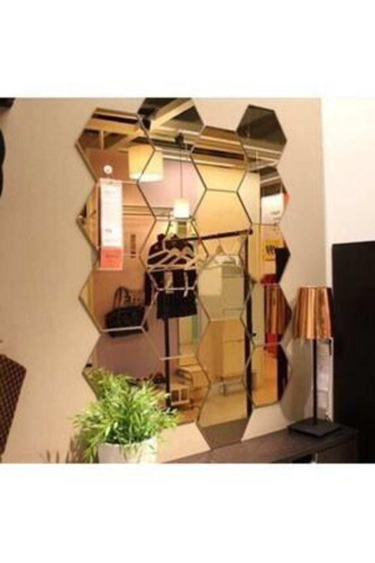 Wooden Factory Bal Peteği Altın Dekoratif Altıgen 12x Süs Akrilik Ayna 11x12,5cm Antre Duvar Pleksi Yapışkan Bantlı