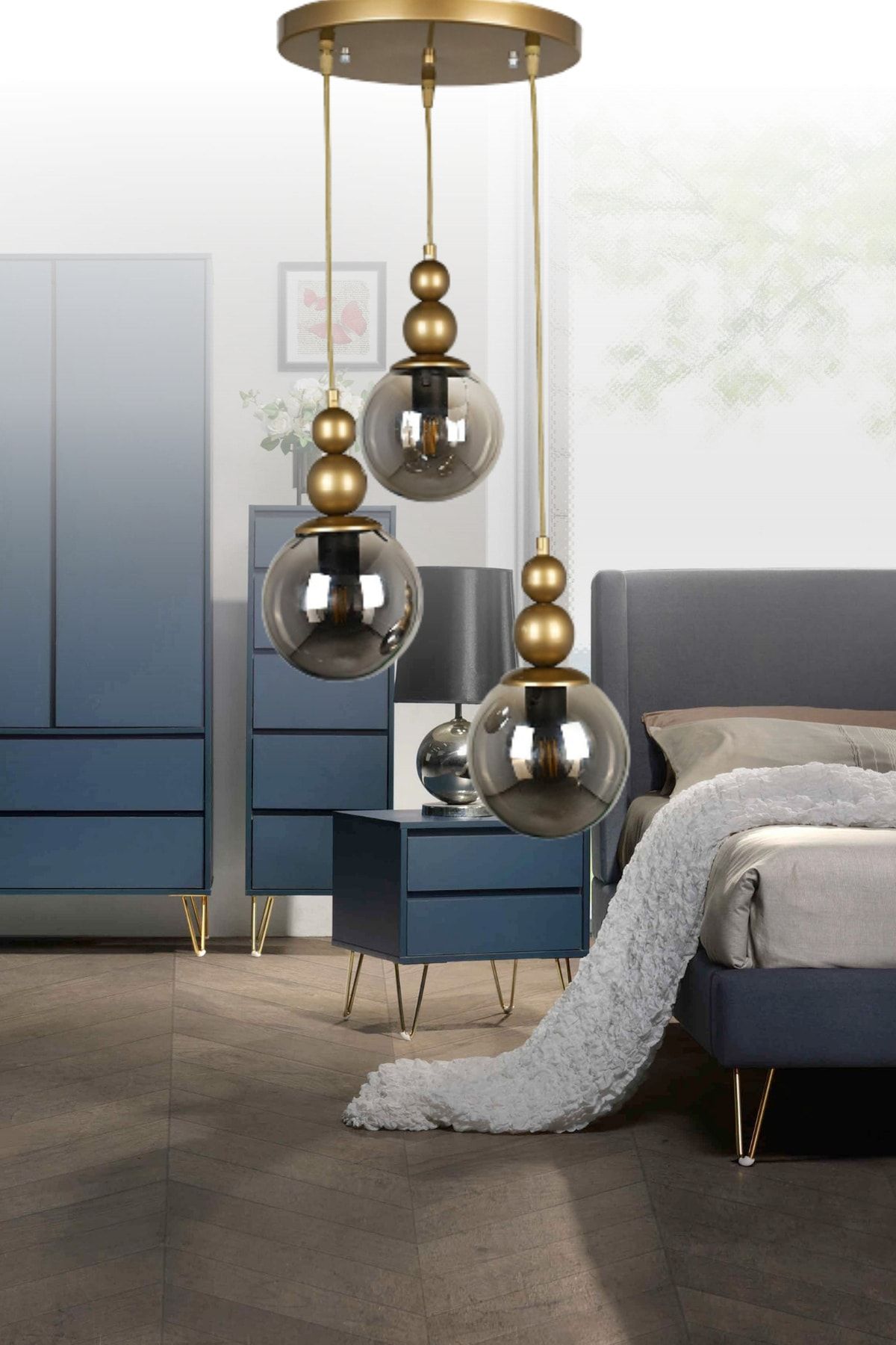 VEDALİGHT Venüs 3'lü Sarkıt Model Eskitme/füme - Hakiki Cam- Oturma Odası- Salon- Yatak Odası Modern Avize
