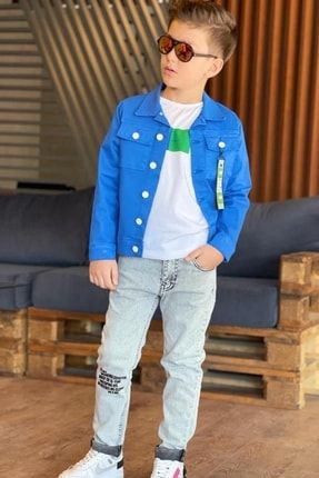 Erkek Çocuk Merci Cebi Maskot Detaylı Denim Ceket ve Pantolonlu 3'lü Mavi Alt Üst Takım 4221602001