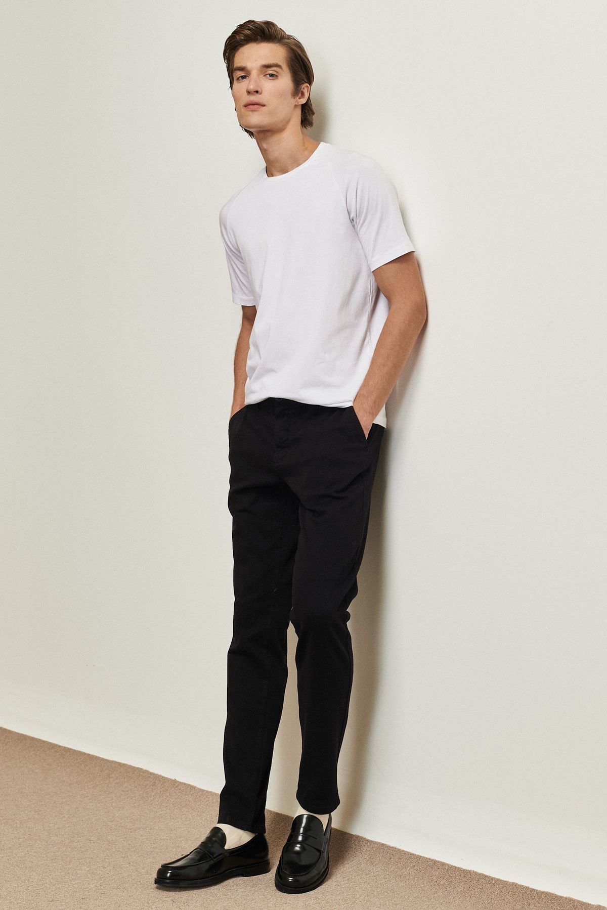 Black t shirt top and chinos