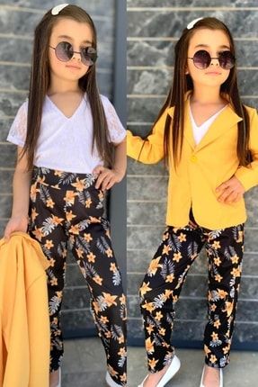 Kız Çocuk Dantel Tişört Ve Çiçek Baskılı Sarı Blazer Ceketli Alt Üst Takım 2221604002