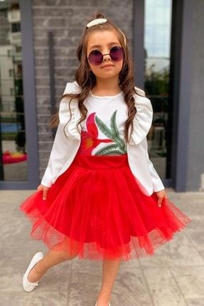 Kız Çocuk Blazer Ceketli Gül Nakışlı Bluz Kırmızı Kabarık Tül Etekli Takım 2223004003