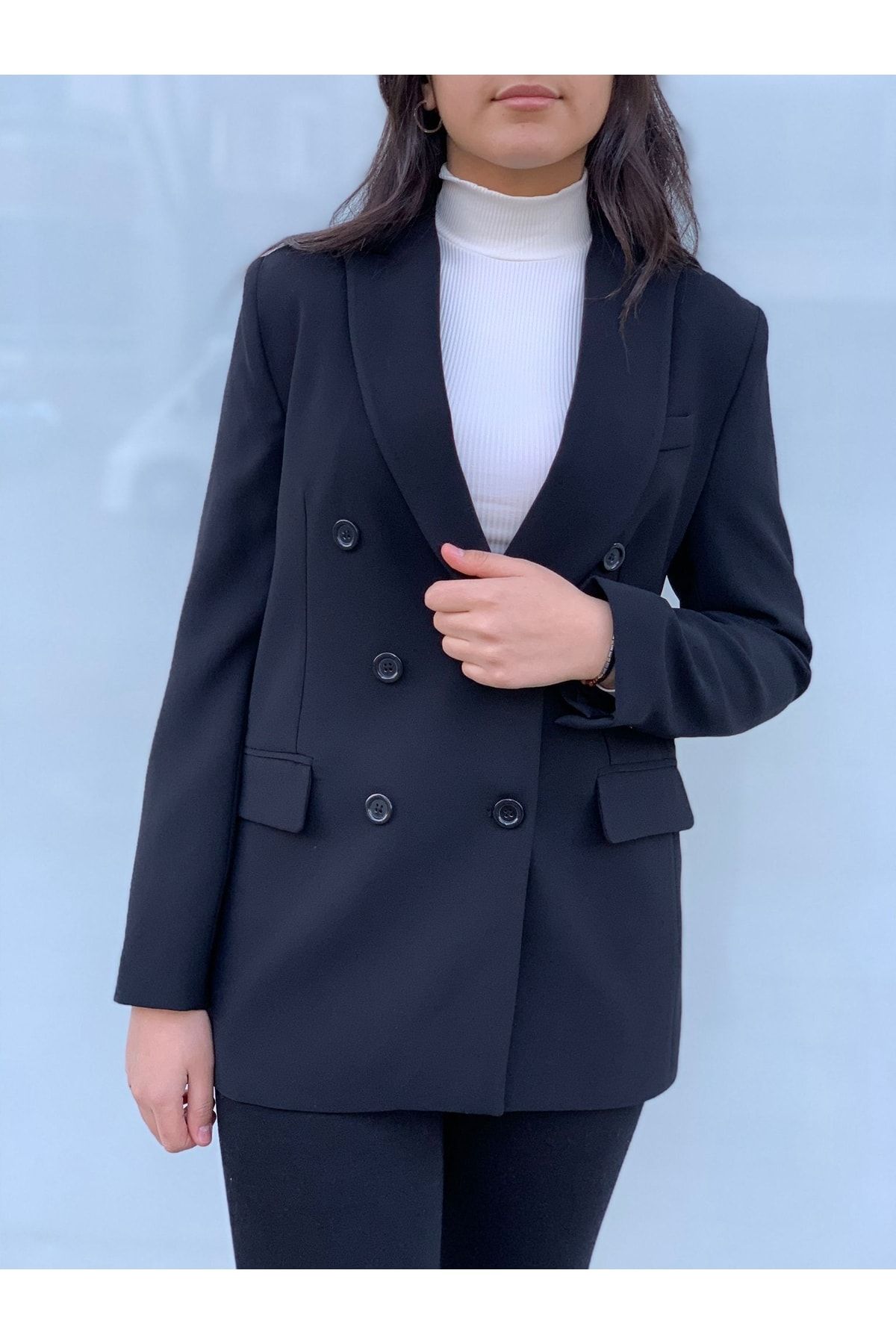 AYHAN-Double Breasted Collar Blazer Jacket with Double Pockets and Buttons 2
