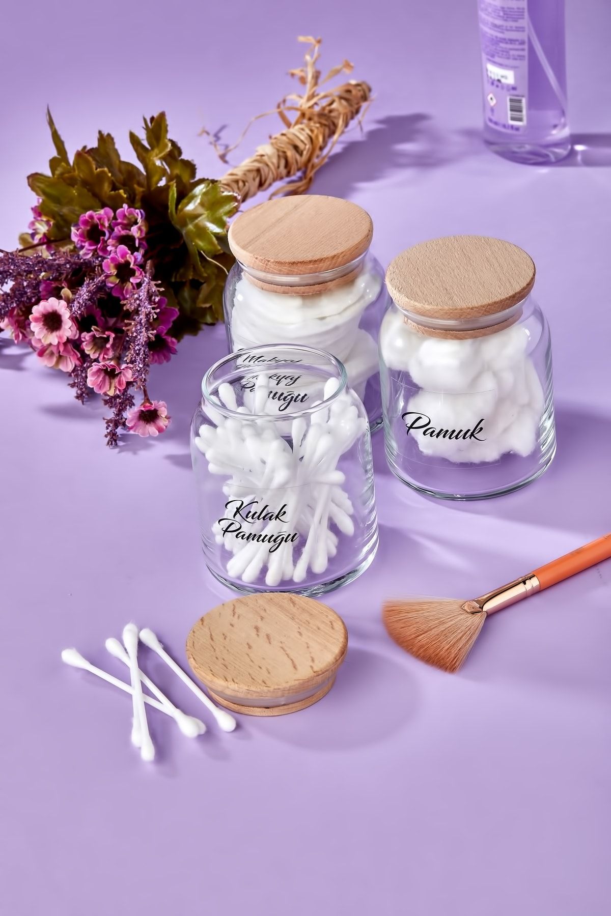 FBZhome-3-Piece Clear Labeled Ear Cotton & Makeup Cotton & Cotton Organizer with Wooden Lid 3