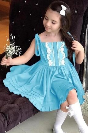 Kız Çocuk Önü Dantel Işlemeli Ip Askılı Ve Etek Ucu Fırfırlı Mavi Elbise 2221602004