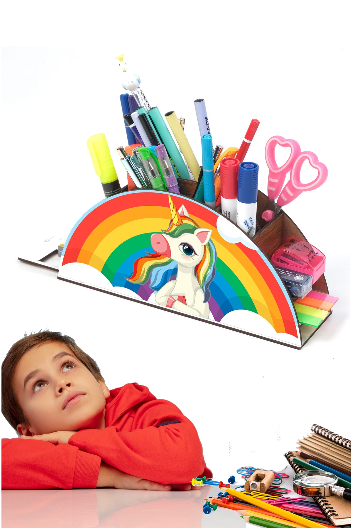 Ahşap Düşünen Unicorn Gökkuşağı Cetvelli Masaüstü Kalemlik Kutu Çocuklar Için Organizer Gk105