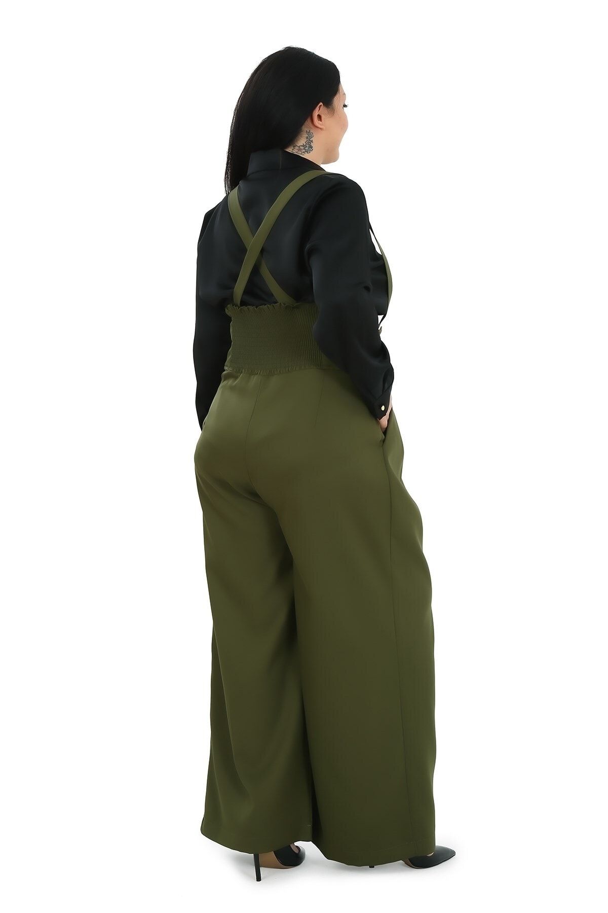 DISENTIS MODEST-Large Size Wide Leg Khaki Trousers with Pleated Front Pockets and Straps and Button Detail 3