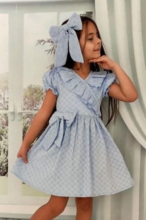 Kız Çocuk V Yaka Fırfırlı Dantel Işlemeli Ve Eteği Kabarık Tüllü Mavi Elbise 2221202009