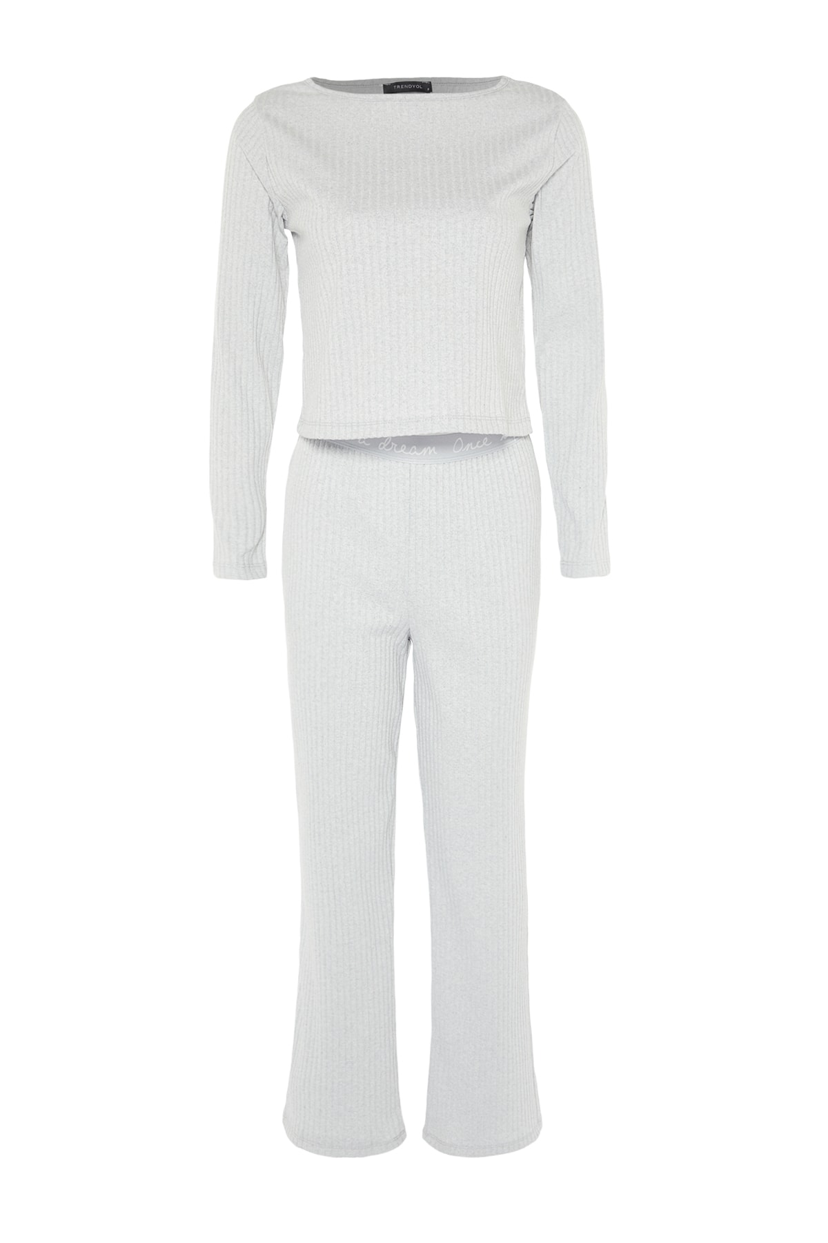 Trendyolmilla  Gri Slogan Lastik Detaylı Fitilli Örme Pijama Takımı THMAW21PT0269 - Görsel 7