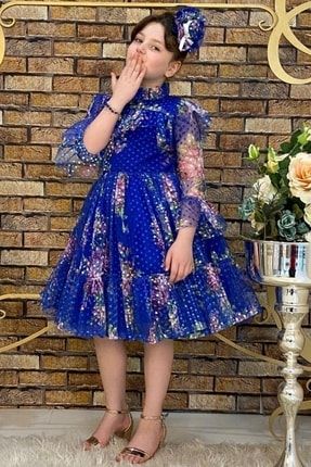 Kız Çocuk Çiçekli Prenses Mavi Elbise 2211707369