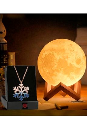 3d Ahşap Standlı Ay Gece Lambası Dekoratif Küre Led Gümüş Zirkon Kar Tanesi Kolye Hediyeli ZKTAL4242