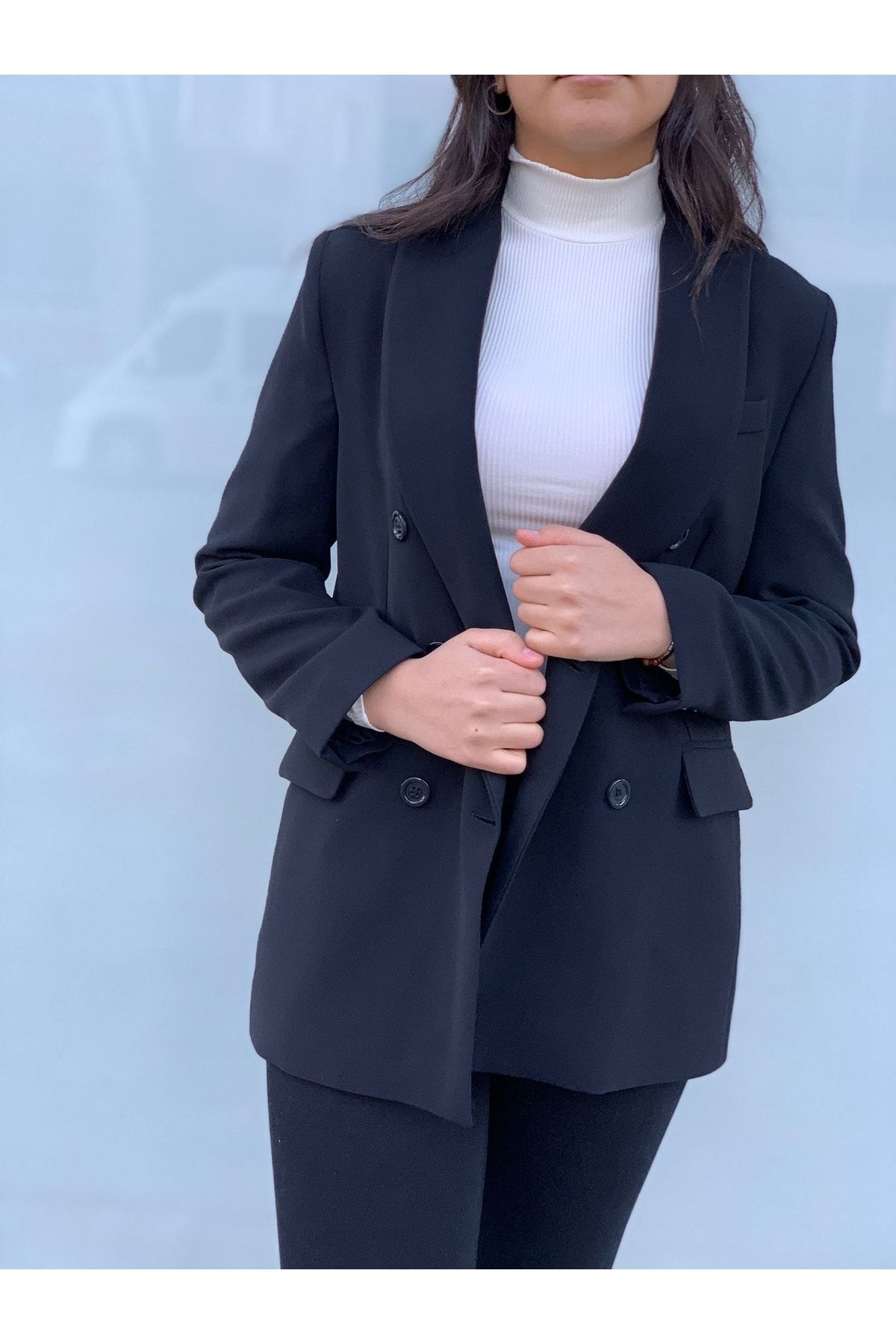 AYHAN-Double Breasted Collar Blazer Jacket with Double Pockets and Buttons 4