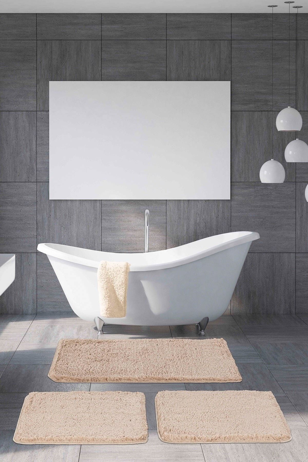 EUROBANO Home - Premium %100 Doğal Kaymaz Taban Bej Yıkanabilir 3’lü Banyo Halısı, Paspas